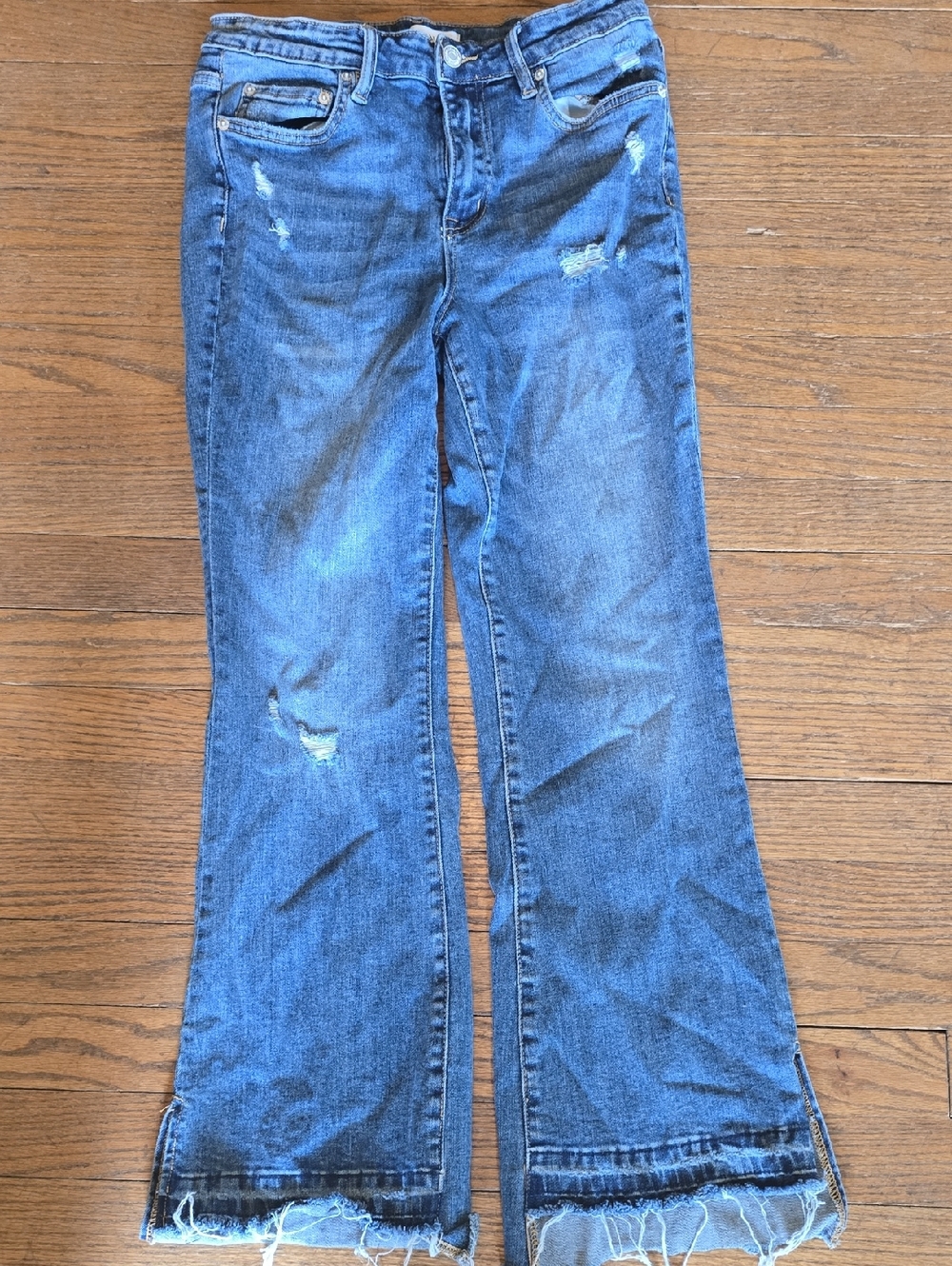 Zenana Outfitters Distressed Blue Flare Jeans with Frayed Hem